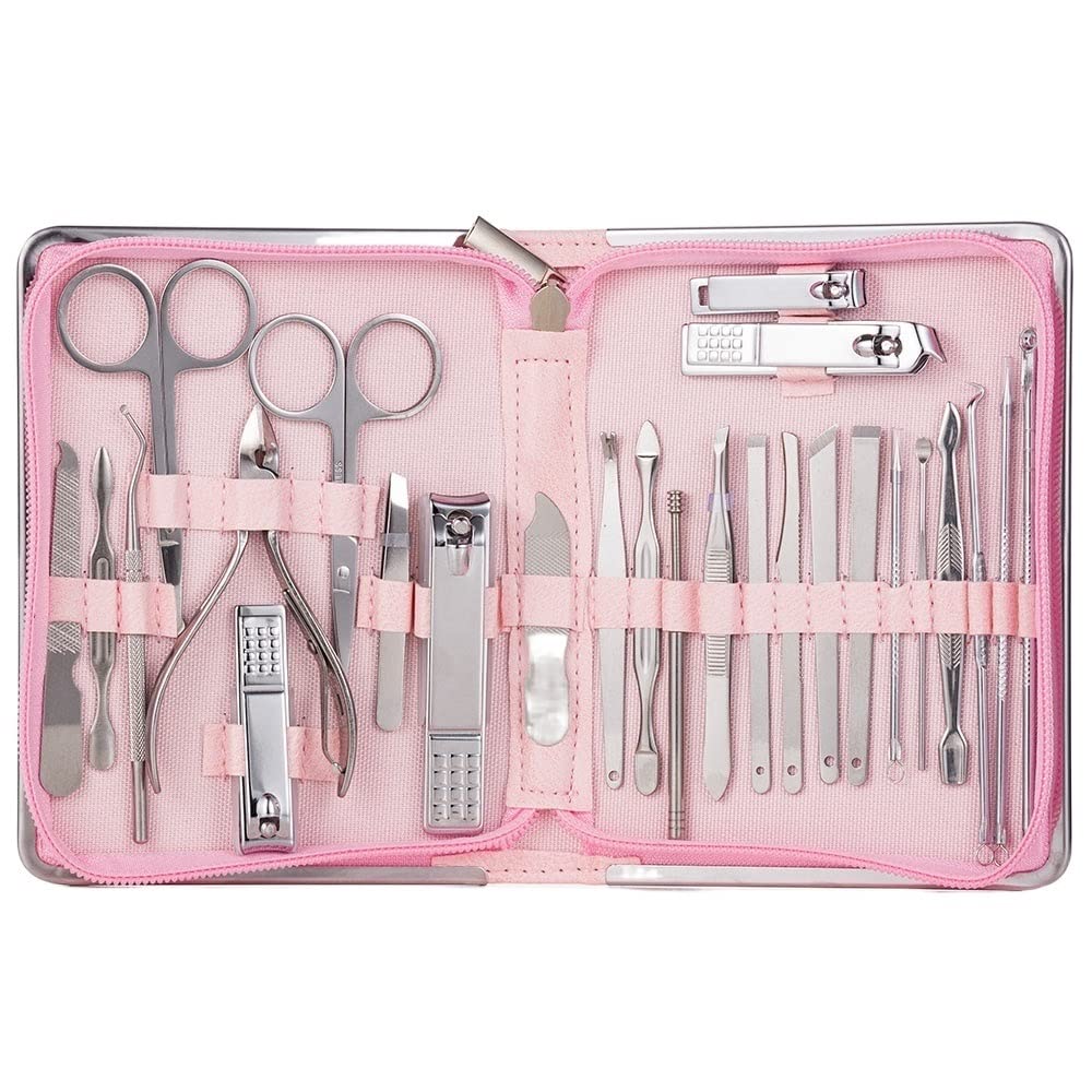 Ensemble d'outils à ongles en acier durable avec sa trousse de rangement rose