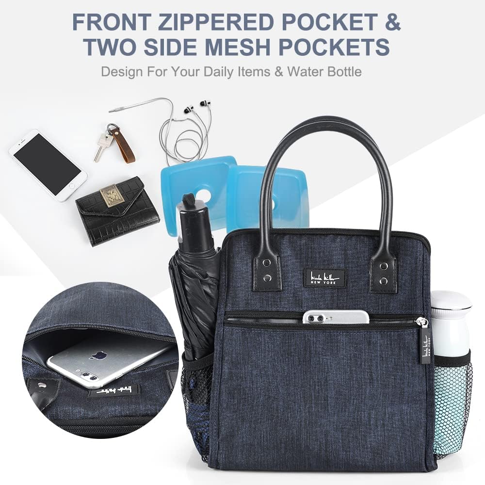 Nicole Miller Insulated Lunch Bag Tote Thermal Soft Side Wide-Open Cooler Ice Bag Lunch Box for Food with Drink Bottle Holder