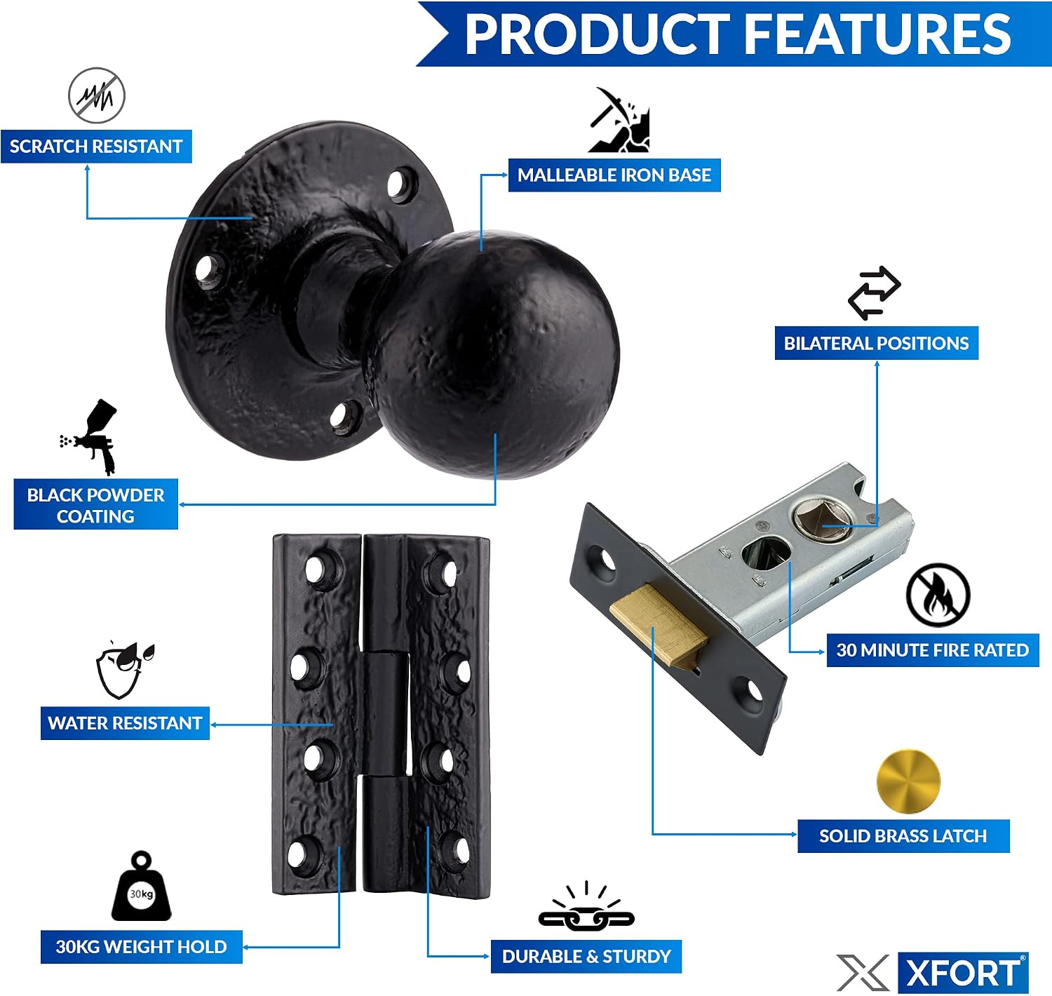 XFORT Smithy's Range Black Antique Ball Shaped Mortice Door Knob Set including 75mm Ball Bearing Hinges and 75mm Tubular Latch - Image 4