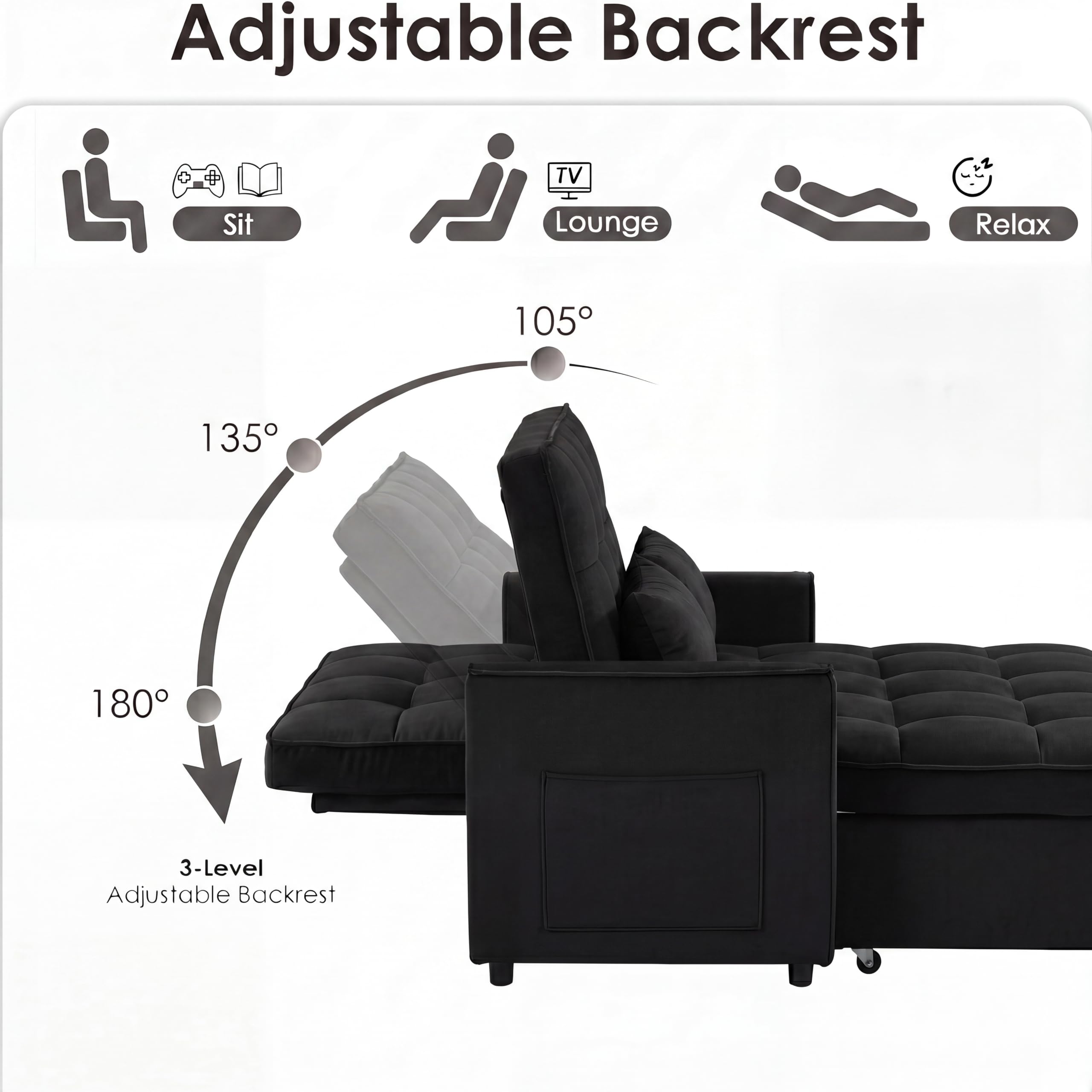 3 in 1 Convertible Sleeper Sofa Bed, 54'' Full Size Velvet Pull Out Futon Couch Recliner with Reclining Backrest & 2 Pillows, Small Loveseat Lounge Couches for Small Spaces (Black)