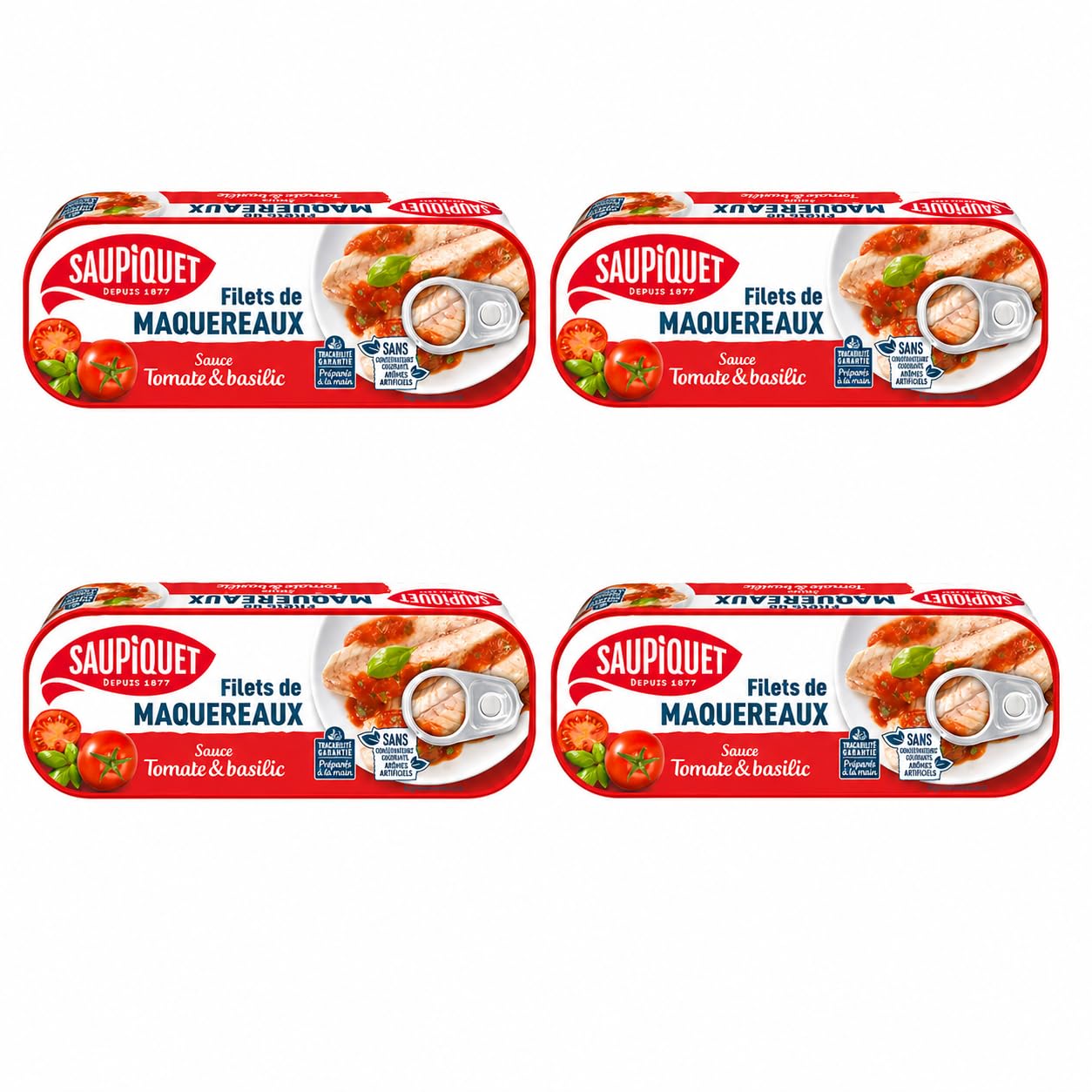 Saupiquet Filets de Maquereaux, Sauce Tomate et Basilic, Sans Conservateurs ni Arômes Artificiels, 169 g, Lot de 4