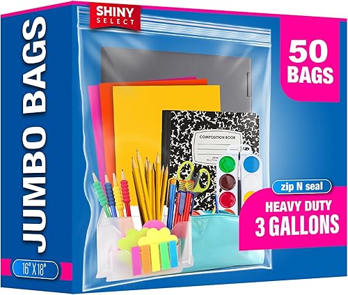 Bolsa de almacenamiento grande de 3 galones, 16 x 18 pulgadas, 50 unidades  Bolsa grande de plástico transparente resellable con cierre y cierre, 2