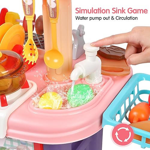 Miniatura 4 de Juego de cocina para niños, juego de cocina y parrilla 2 en 1, cocina de juguete con luz de vapor realista, fregadero de juego y comida de juego