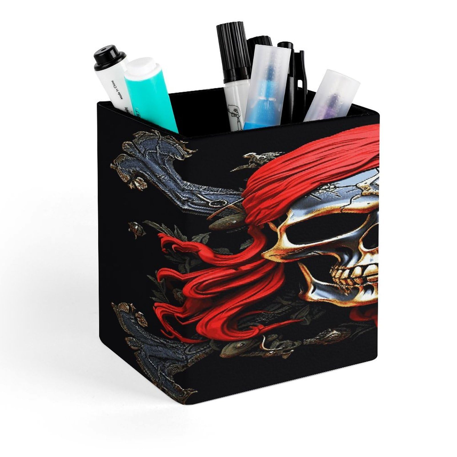FekiLoot Pirate Skull Pencil Holder for Desk Square Leather Pen Holder Cup Desktop Organizer Multi-Functional Pencil Cup Holders Modern Decorative Desk Organizer Caddy Makeup Brush Holders