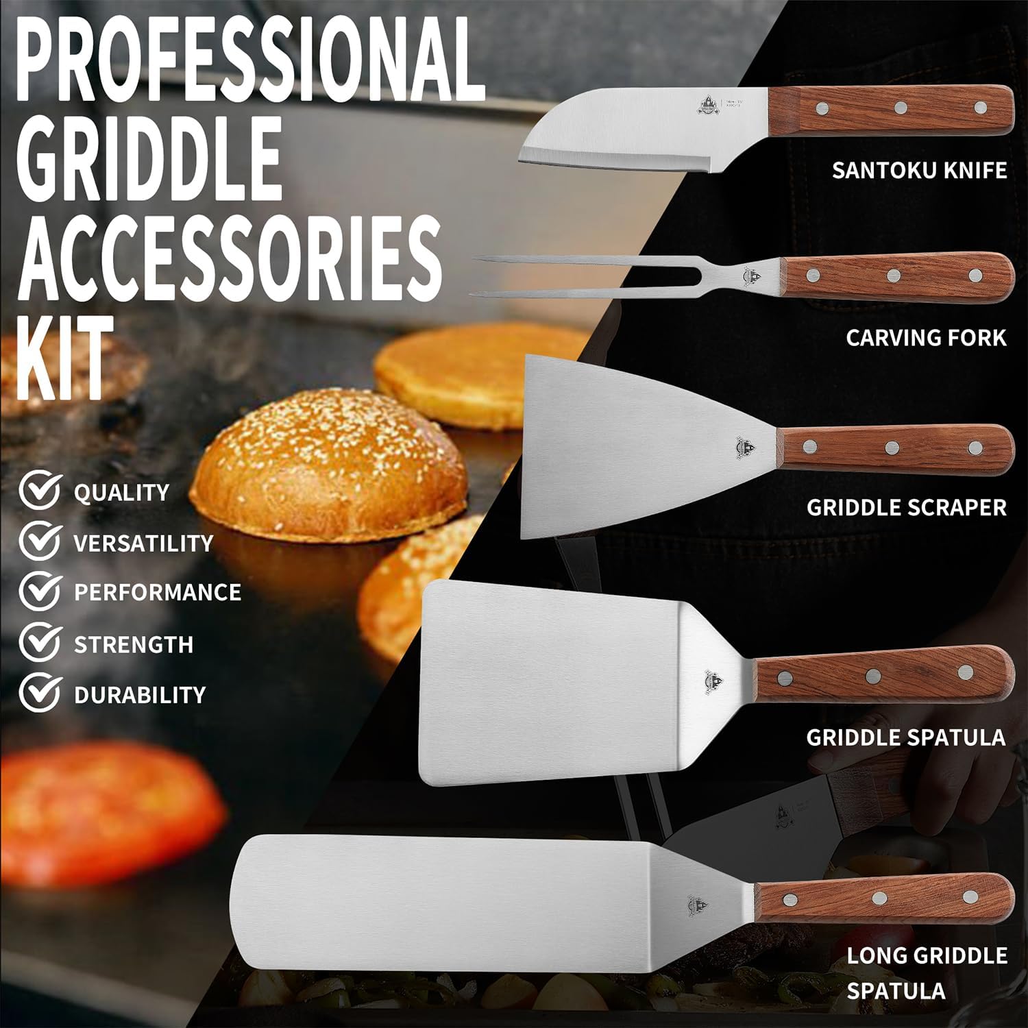GRILLGEN Heavy Duty Griddle Accessories Kit, Flat Top Grill Accessories Set with Full-Tang Rosewood Handles, Stainless Steel Spatula Set with Santoku Knife for Smash Burger, Hibachi, Camping & BBQ