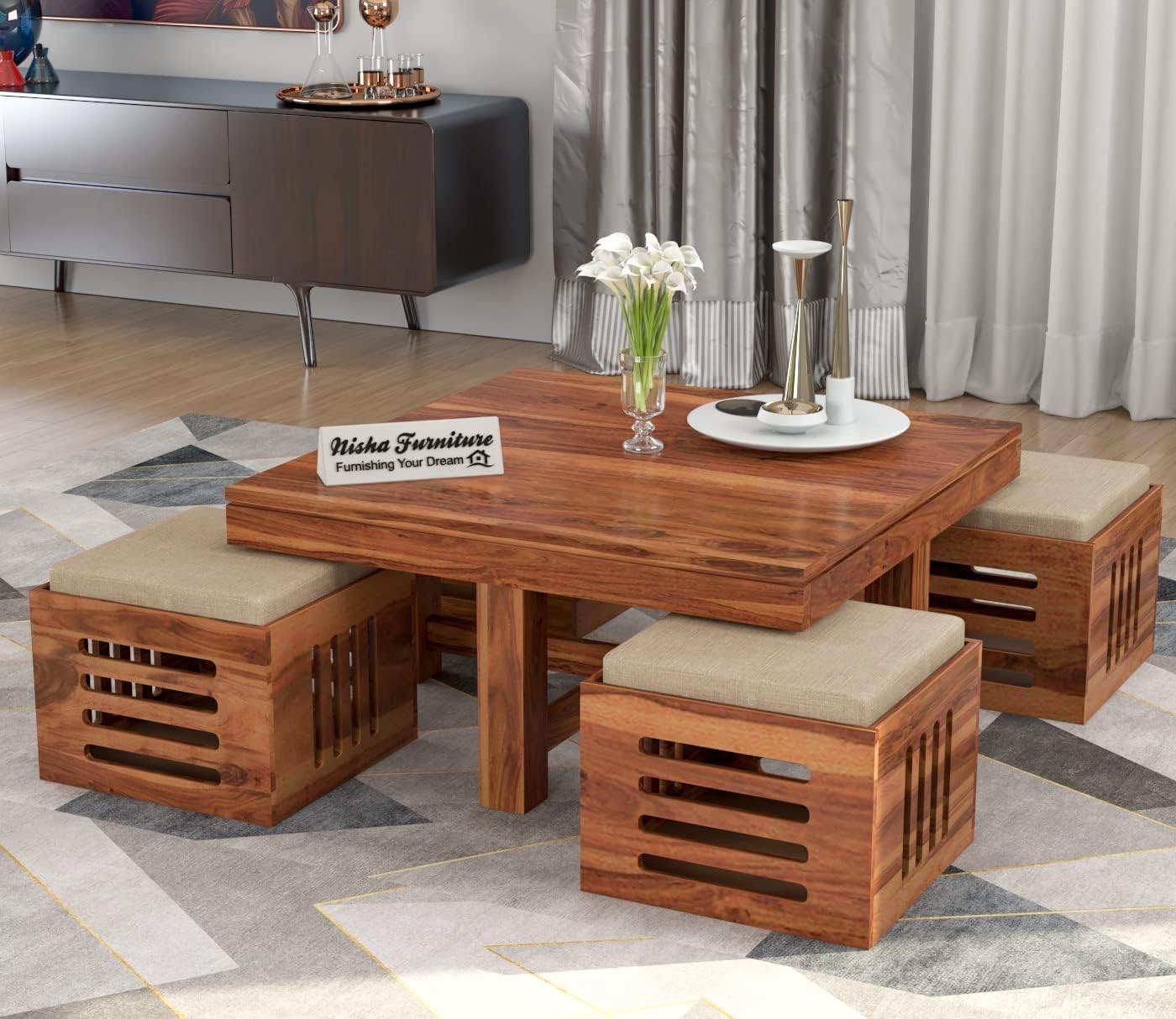 Signature Kraft Wooden Coffee Table with 4 Stool in Carved Design