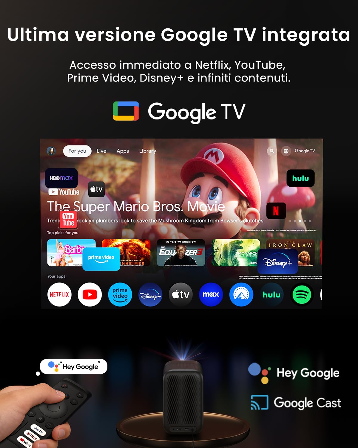 WEMAX Videoproiettore Smart Google TV & Netflix Ufficiale, 500 ISO Lumen, 1080P (4K), Autofocus & Correzione AI, Ottica Sigillata Anti-Polvere, Dolby Audio. Ideale per Cinema in Casa & Sport