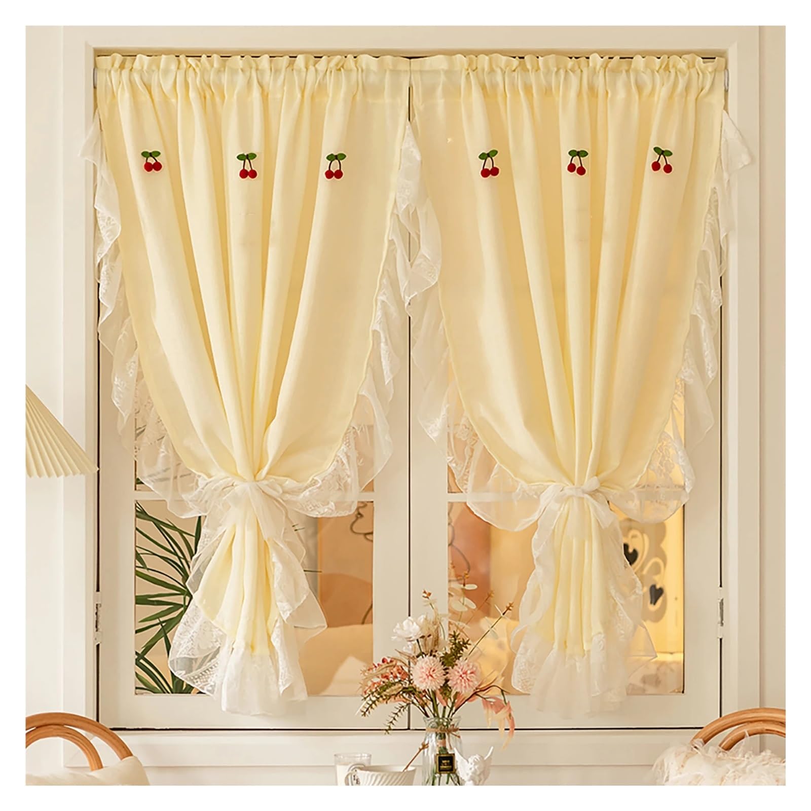 BGHYJKOL Ruffled Curtains 2 Pieces Cherry Design Ruffle Short Curtain Set, Kitchen Small Window Breathable Light Filtering Drapery Half(2PCs W132 x H120cm)