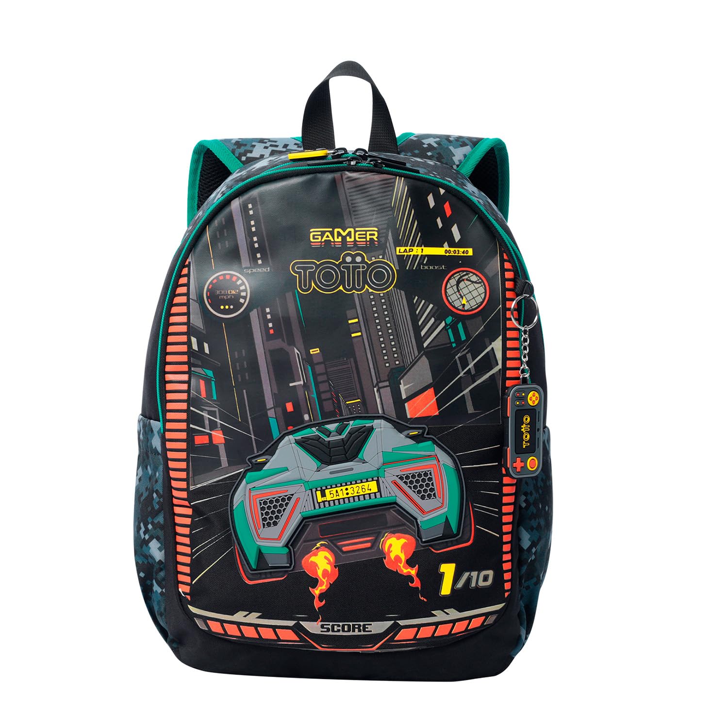TOTTO Mochila Infantil, Modelo Best Game Cars M, Mochila Mediana, Capacidad 16 L, 2 Compartimentos, 2 Bolsillos Botella, Organizador Interno, Correas Acolchadas, Resistente y Duradera, Color Negro