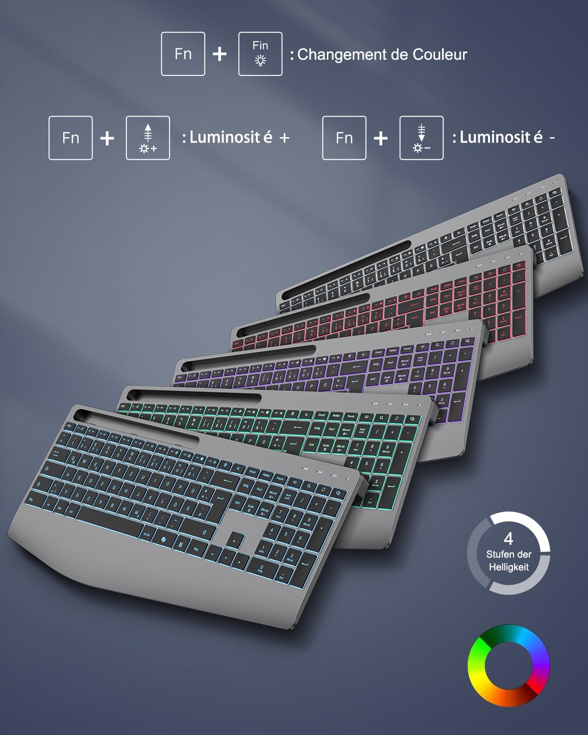 TECURS Teclado francés AZERTY inalámbrico ergonómico con reposamuñecas, 2,4 G inalámbrico Teclado silencioso Recargable, retroiluminado, Teclado para Ordenador para Windows