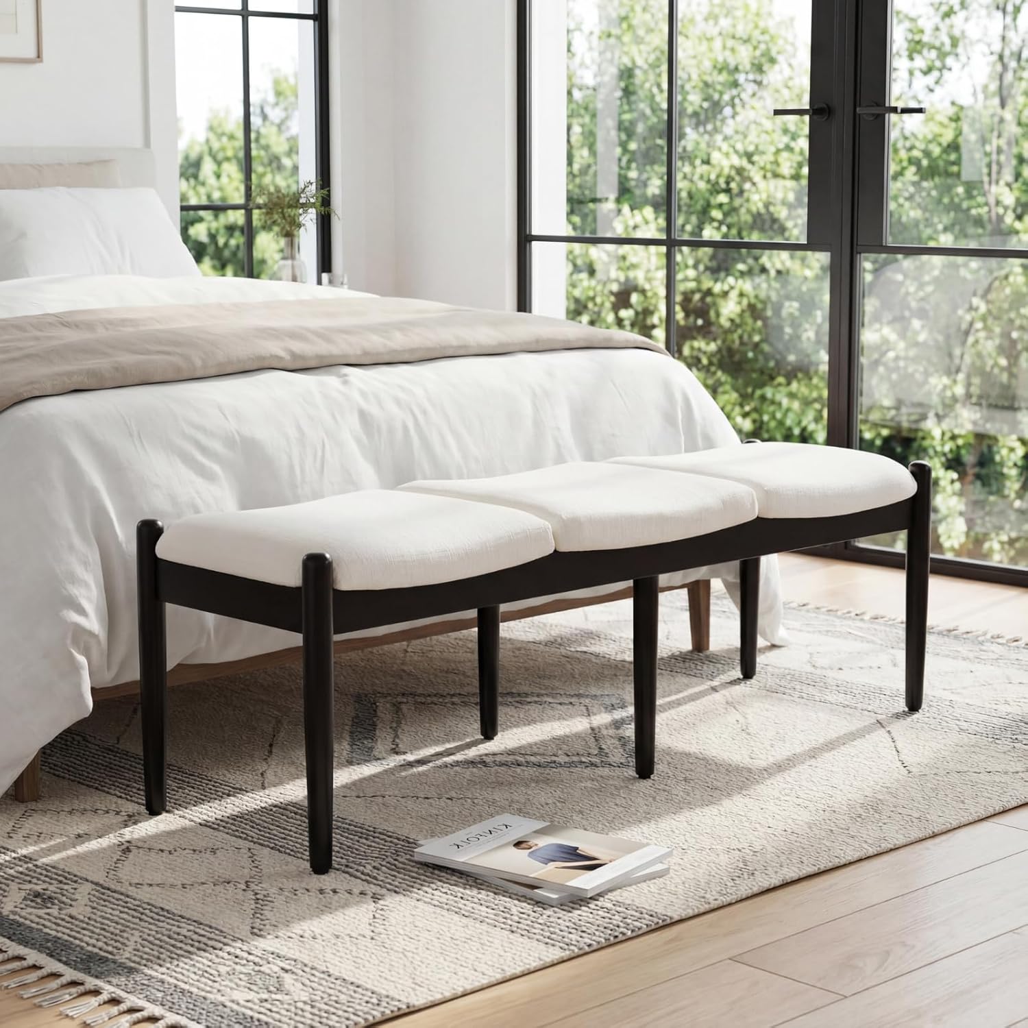 Modern Bedroom Ottoman Bench, 54.25” Linen Upholstered End of Bed Bench, Long Seating Entryway Bench Window Bench with Padded Cushion Solid Wood Legs for Living Room/Hallway, White