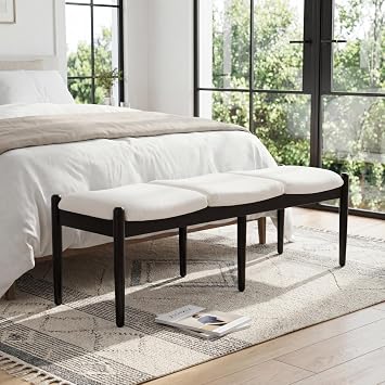 Ya-Home Modern Bedroom Ottoman Bench, 54.25 Linen Upholstered End of Bed Bench, Long Seating Entryway Bench Window Bench with Padded Cushion Solid Wood Legs for Living Room/Hallway, White