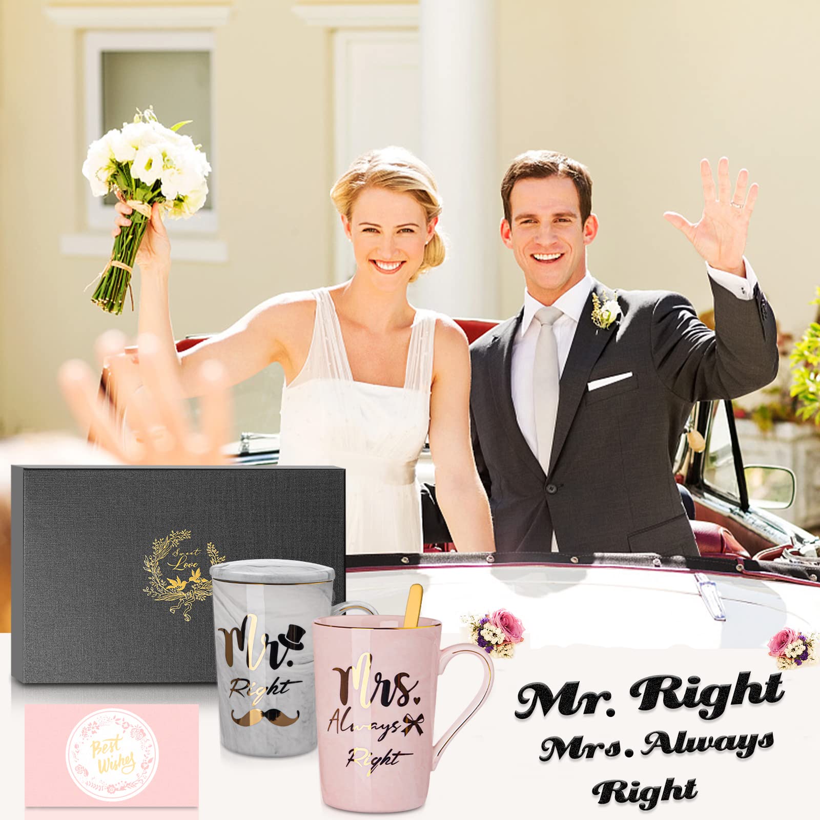 Biching Regalo Anniversario Matrimonio, Regali di Coppia, Regalo Anniversario per Lui e Lei, Regali Nozze Sposi per Marito Moglie, Mr Mrs Right - Tazza da Caffè in Ceramica con Confezione Elegante
