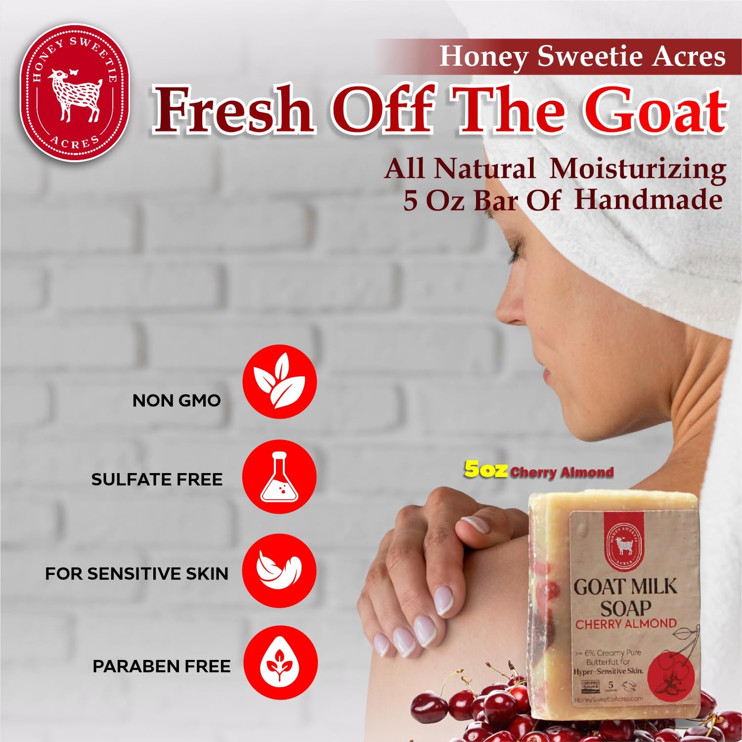 Honey Sweetie Acres Cherry Almond Goat Milk Soap - Handmade 5 oz Bar, Made with Natural Ingredients, Moisturizing & Gentle, Made in the USA