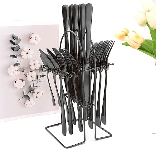 Miniatura 2 de Juego de cubiertos negros de espejo de 24 piezas con estante de almacenamiento, juego de cubiertos de acero inoxidable con mango colgante y mango
