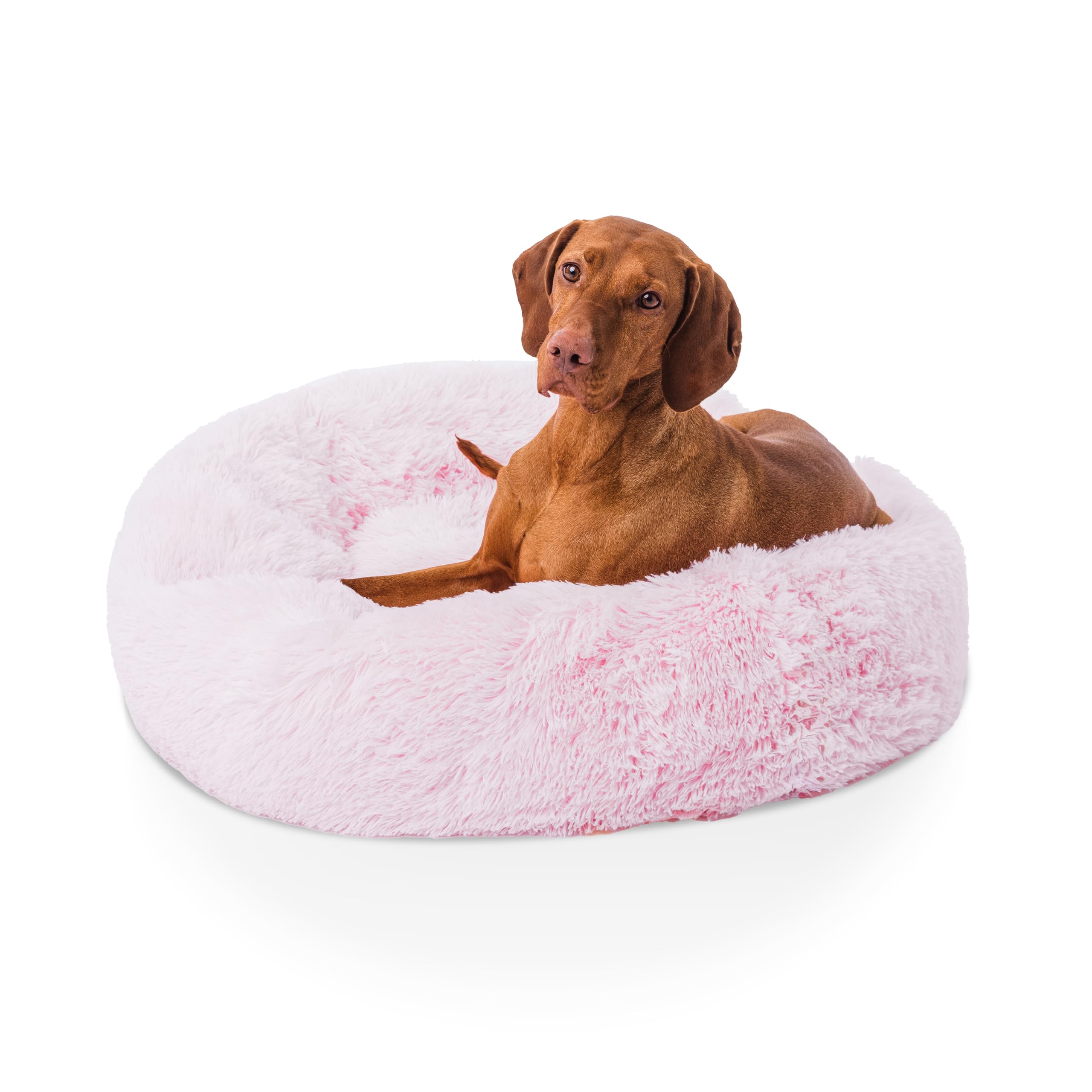 Woof & Whiskers Donut Dog Bed Pink Large 80cm - Calming Round Plush Pet Bed for Dogs & Cats