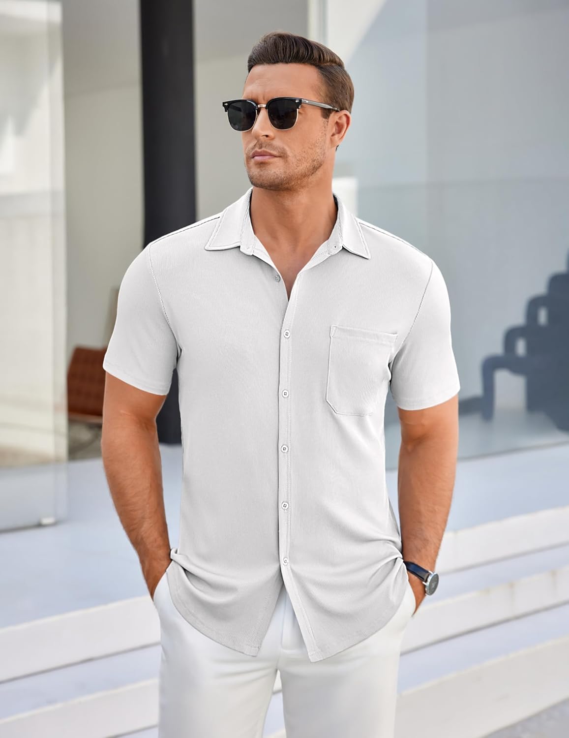 COOFANDY Men's Ribbed Button Down Shirts Short Sleeve Casual Shirt with Pocket Summer Beach Camp Tops - Image 2