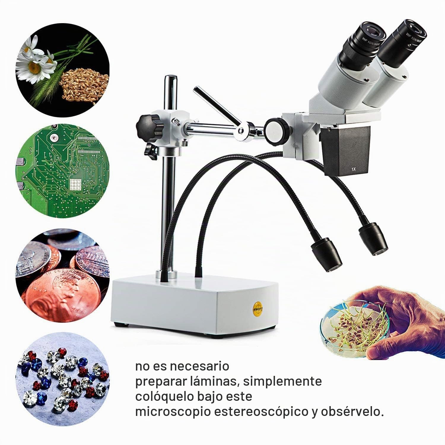 SWIFT S41-20 Microscopio estéreo profesional binocular Aumento 10X-20X con oculares 10X y 20X, 2 LED flexibles, brazo giratorio y cámara