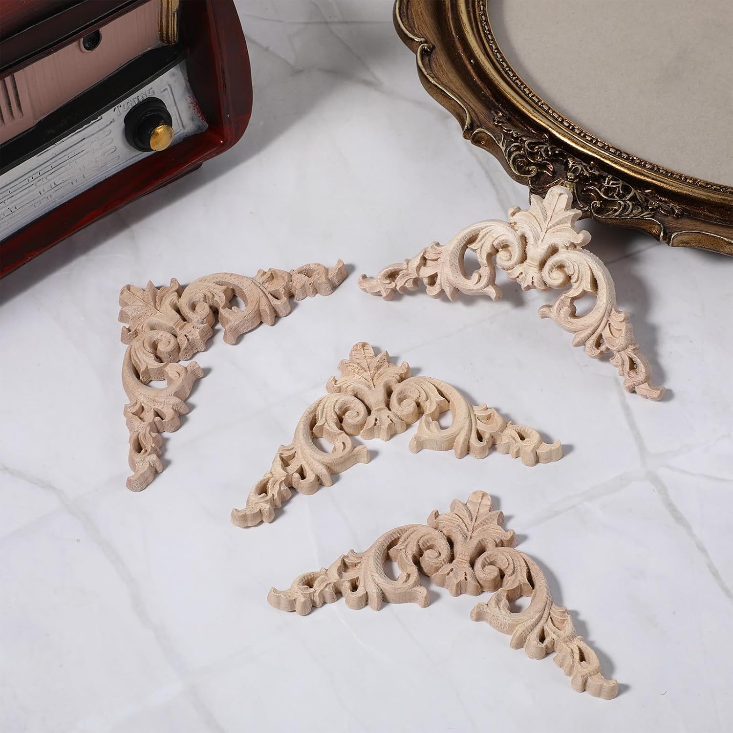 4 Pcs Wood Appliques for Furniture, Victorian Furniture Decorative Wood Trim Handmade Carved Unpainted Corner Wooden Appliques for Bed Door Cabinet