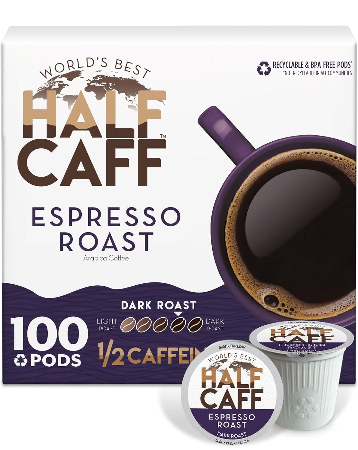World's Best Half Caff Espresso Roast Coffee Pods, 100 ct, Dark Roast in Recyclable Single Serve Pods  100% Arabica Coffee, Compatible with Keurig K Cups Maker