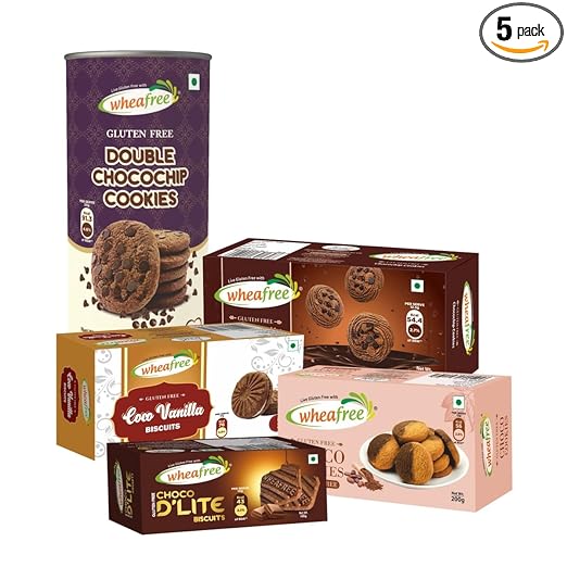 Wheafree Gluten Free Cookies Combo - Double Chocochip + Choco D'lite + Chocochip + Choco + Coco Vanilla (Pack of 5) | 900g | Best tea time snacks | 100% Natural and Gluten Free Veg Ingredients