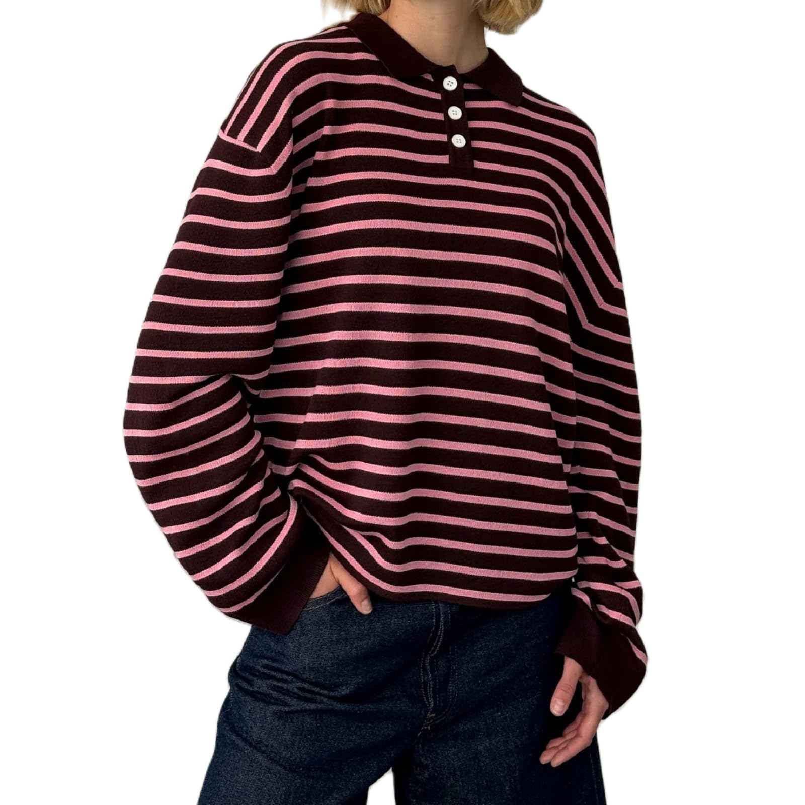 Women Y2k Preppy Striped Sweater Long Sleeve Lapel Button Down Aesthetic Polo Pullover Rugby Sweater