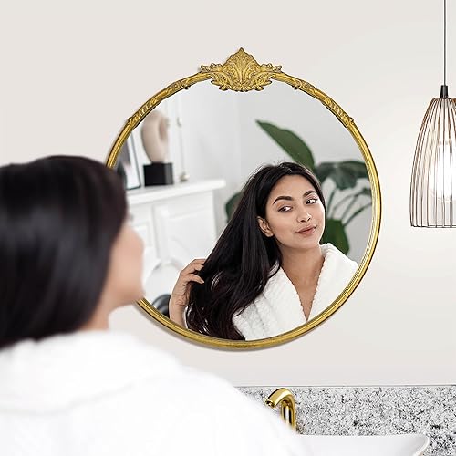 Miniatura 2 de Head West Espejo de pared redondo de metal adornado de latón antiguo, 1.5 x 24 pulgadas