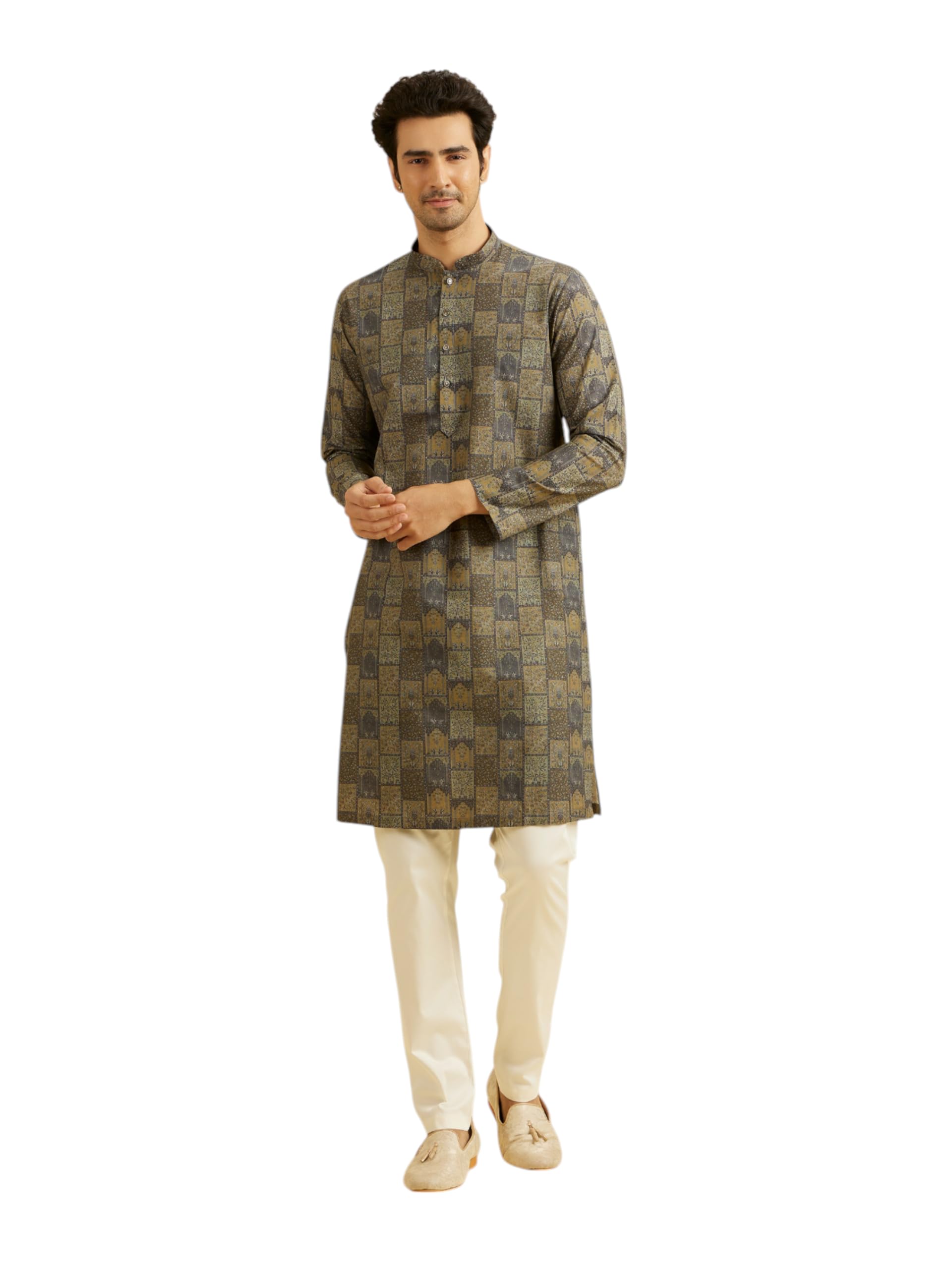 Manyavar Kurta lunga da uomo in cotone con stampa digitale (1 pz)
