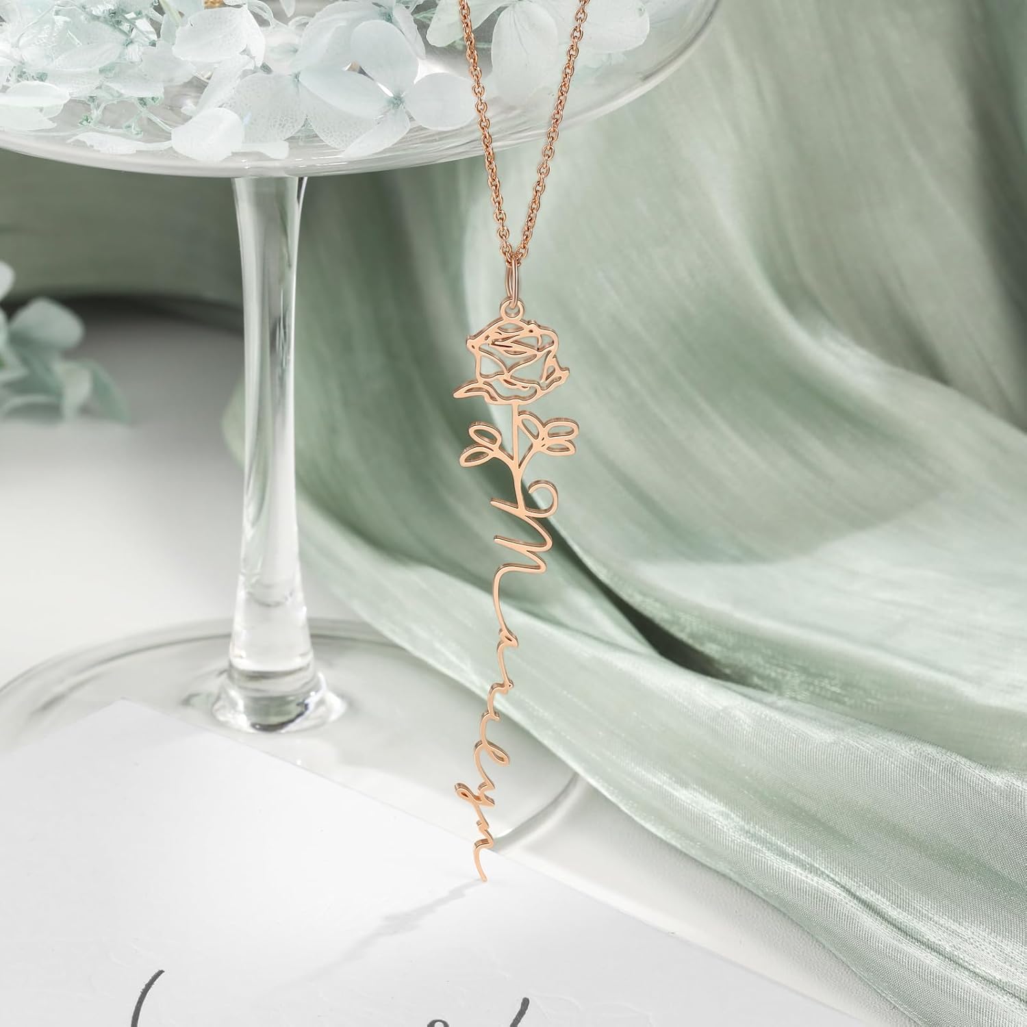 Jewelstruck Birth Flower Necklace Engraved Name Necklace Personalized Birthday Gifts for Women Wife Mothers Daughter Best Friend Birth Month Pendant for Anniversary Christmas