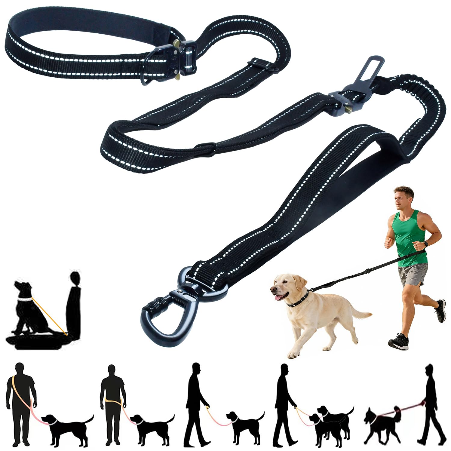 Heavy Duty No-Pull Dog Leash, 9.5ft Hands-Free Waist & Crossbody Bungee Leash with Adjustable Belt, Detachable Car Seat Belt & Reflective Strip for Large Medium Dogs, Black