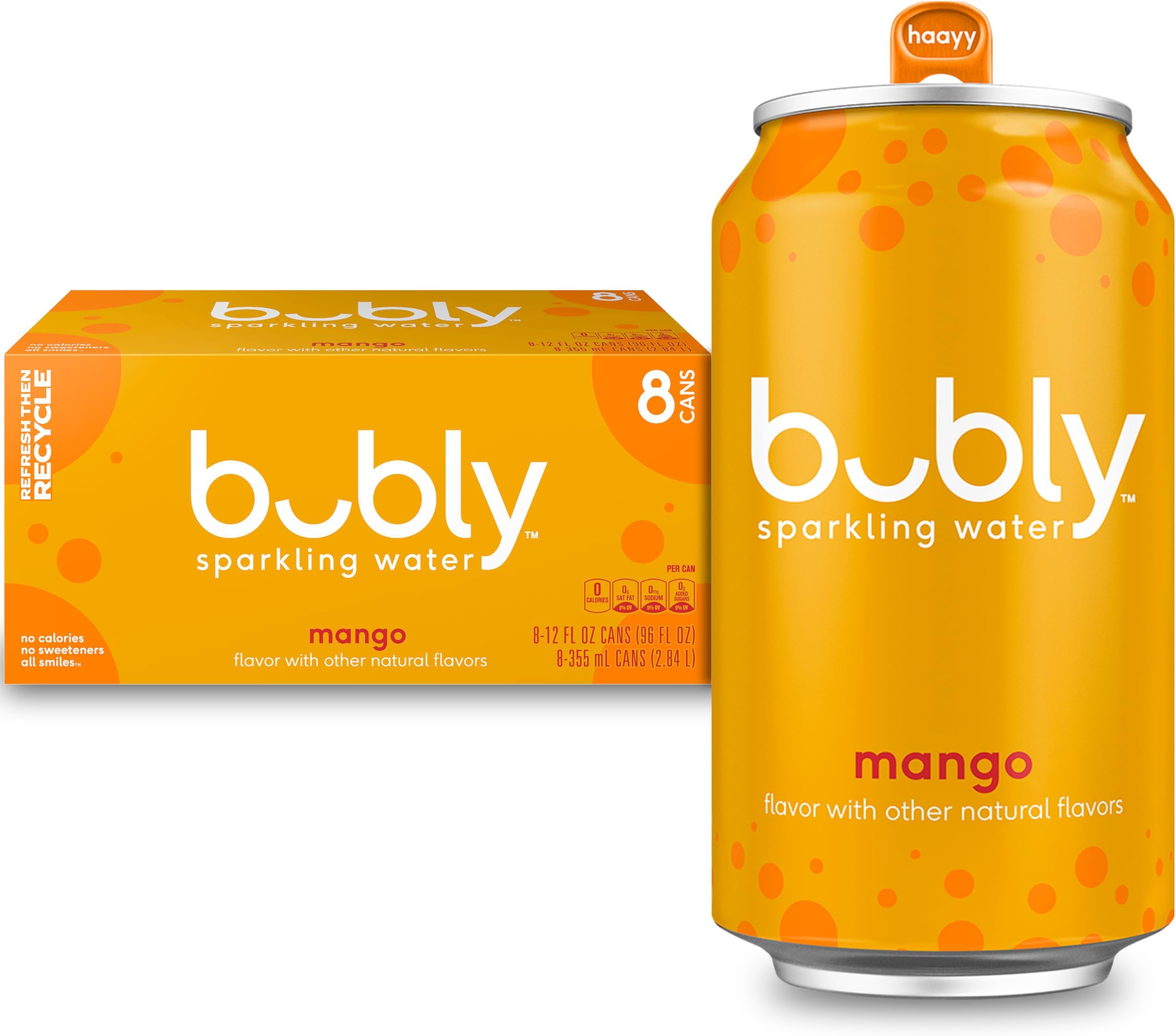 bubly Sparkling Water, Mango, Zero Sugar & Zero Calories, 12 Fl Oz Cans (Pack of 8)