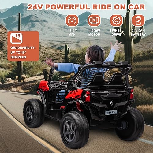 Miniatura 9 de Vehículos eléctricos de 2 plazas de 24 V y 10 AH, con motores potentes de 2 x 200 W, marco de metal, freno y pedal de gas, neumáticos EVA, 3