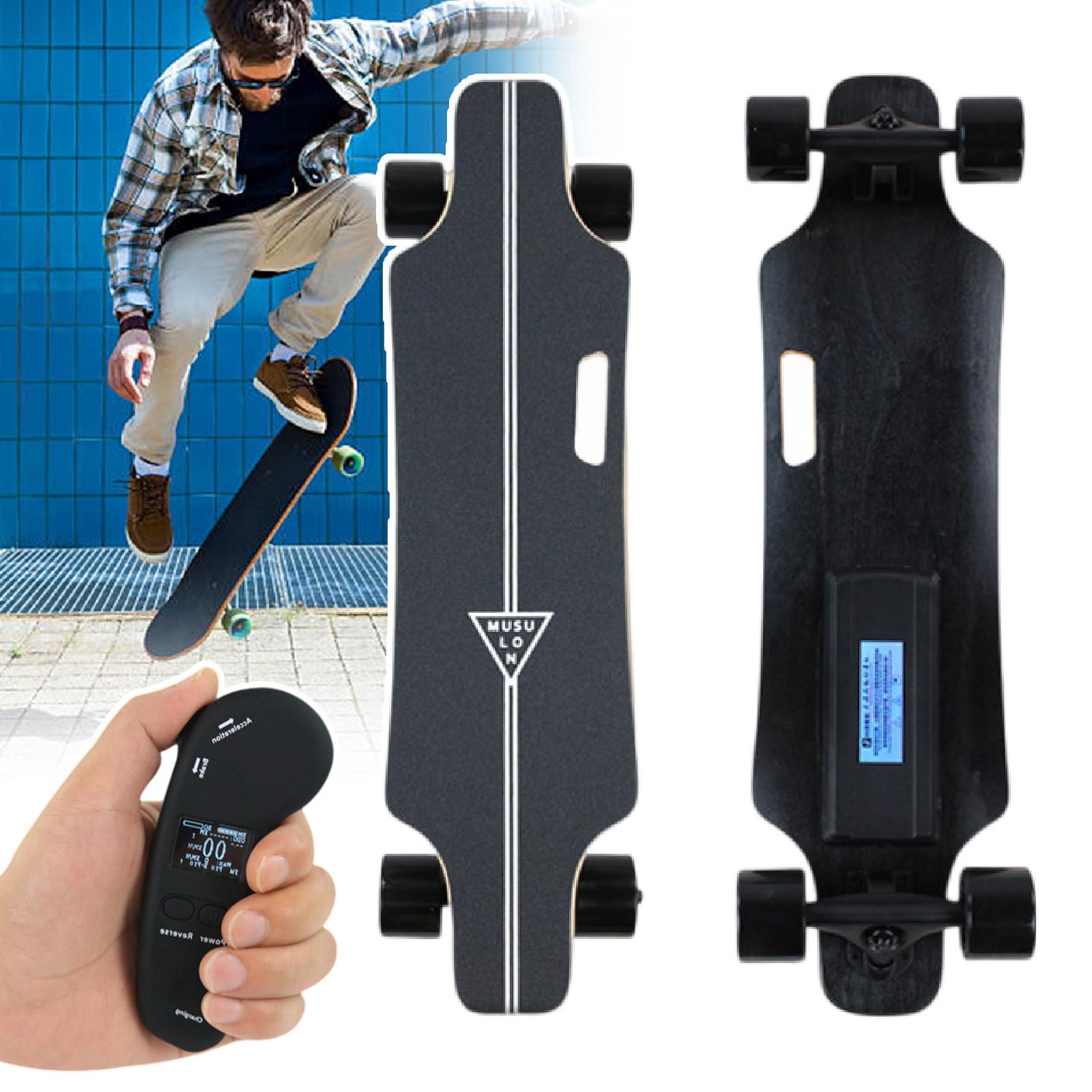 Skateboard Elettrico/Longboard Elettrico con Telecomando A 4 velocità - Motore da 700 W, velocità 35 Km/H, Stabilità in Acero A 7 Strati, Peso Massimo 330 Libbre 15km