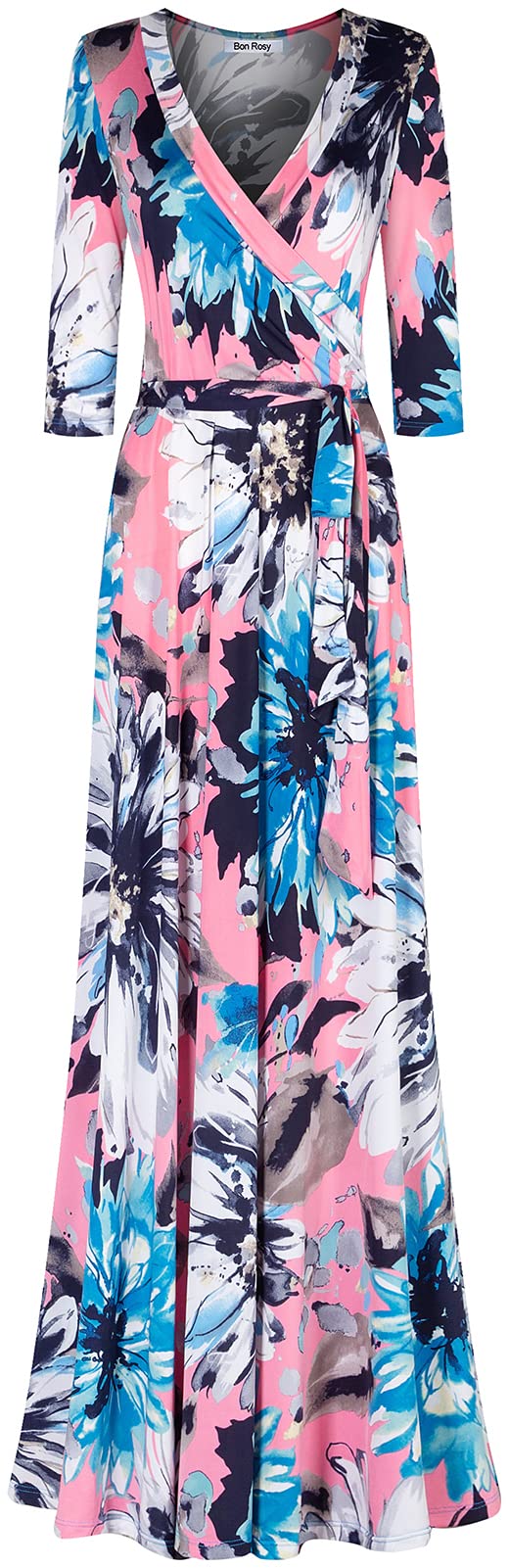 Women's 3/4 Sleeve V-Neck Printed Maxi Faux Wrap Dress Pink Black S