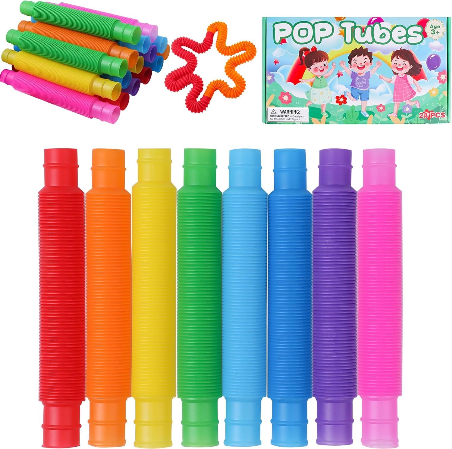 Set De 24 Tubos Sensoriales Elásticos Multicolor | Juguetes Antiestrés Para Niños Y Adultos, Ideales Para Viajes Y Autismo