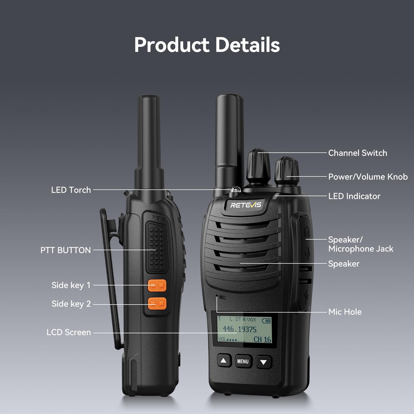 Retevis H777D Walkie Talkie, Ekran LCD, PMR446, Ładowanie Typu C, 1200mAh, Proste Parowanie, VOX, Alarm Awaryjny, Ładowalne Radio Nadaje się do Centrów Handlowych (3 Sztuki, Czarny)