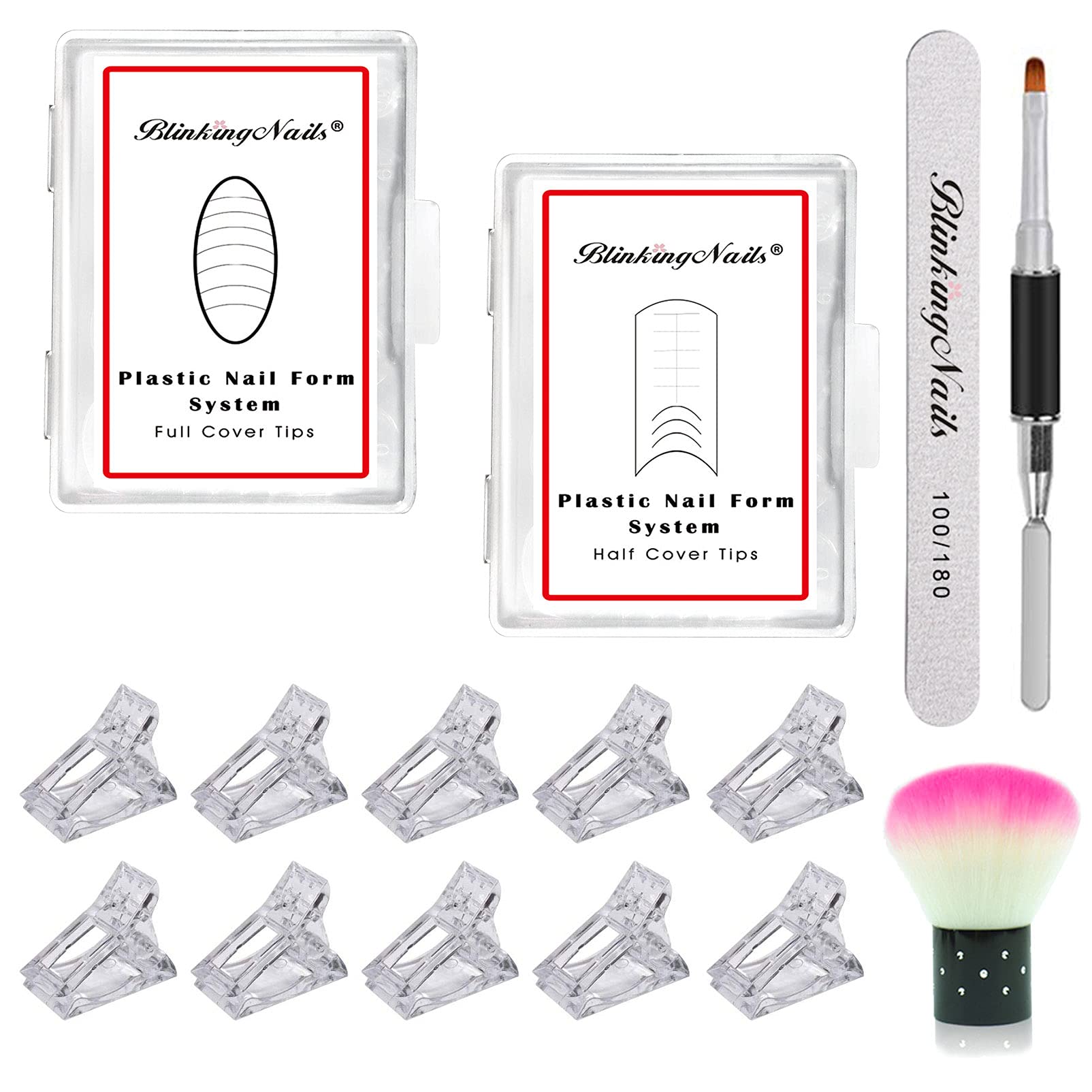 Nail Tips Clip 10Pcs with Gel Nail Molds 48pcs,Dual Nail Forms Set including Dual-ended Poly Extension Gel Brush for Quick Building Poly Extension Gel come with Nail File Nail Dust Remover Brush