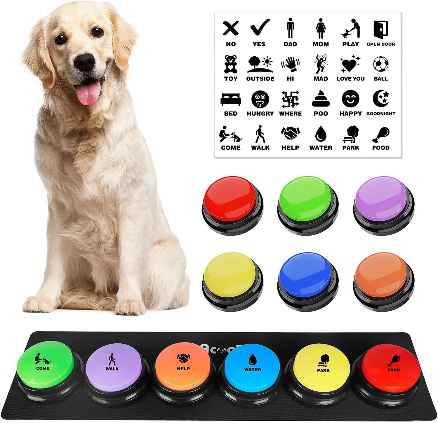 Dog Buttons for Communication, 6 Pcs Dog Talking Button Set, 30s Voice Recordable Pet Training Buzzer, Speaking Buttons for Cats & Dogs…