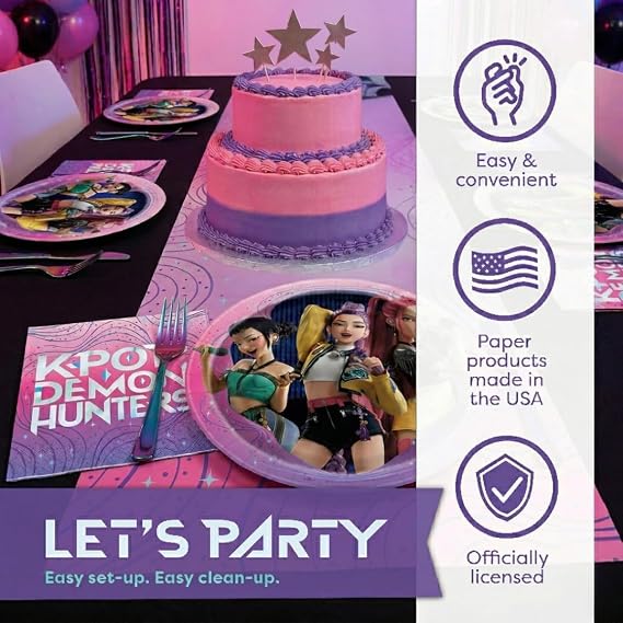 Unique KPop Plates and Napkins 32-Pack - Demon Hunters Birthday Decorations | Officially Licensed, Made in USA, Huntrix Birthday Decorations