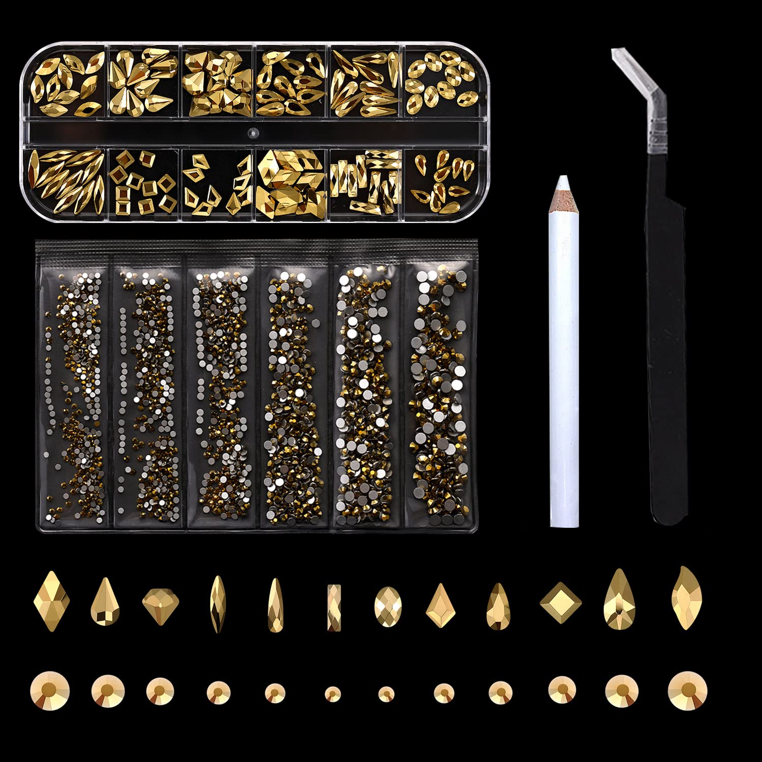 Felipe Varela AB Crystal Rhinestones Set, 1848pcs Multi Shapes Glass Crystal AB Rhinestones for nail gems with tools for Nail Art DIY Decorations(120 pcs Crystals+1728 pcs rhinestones)