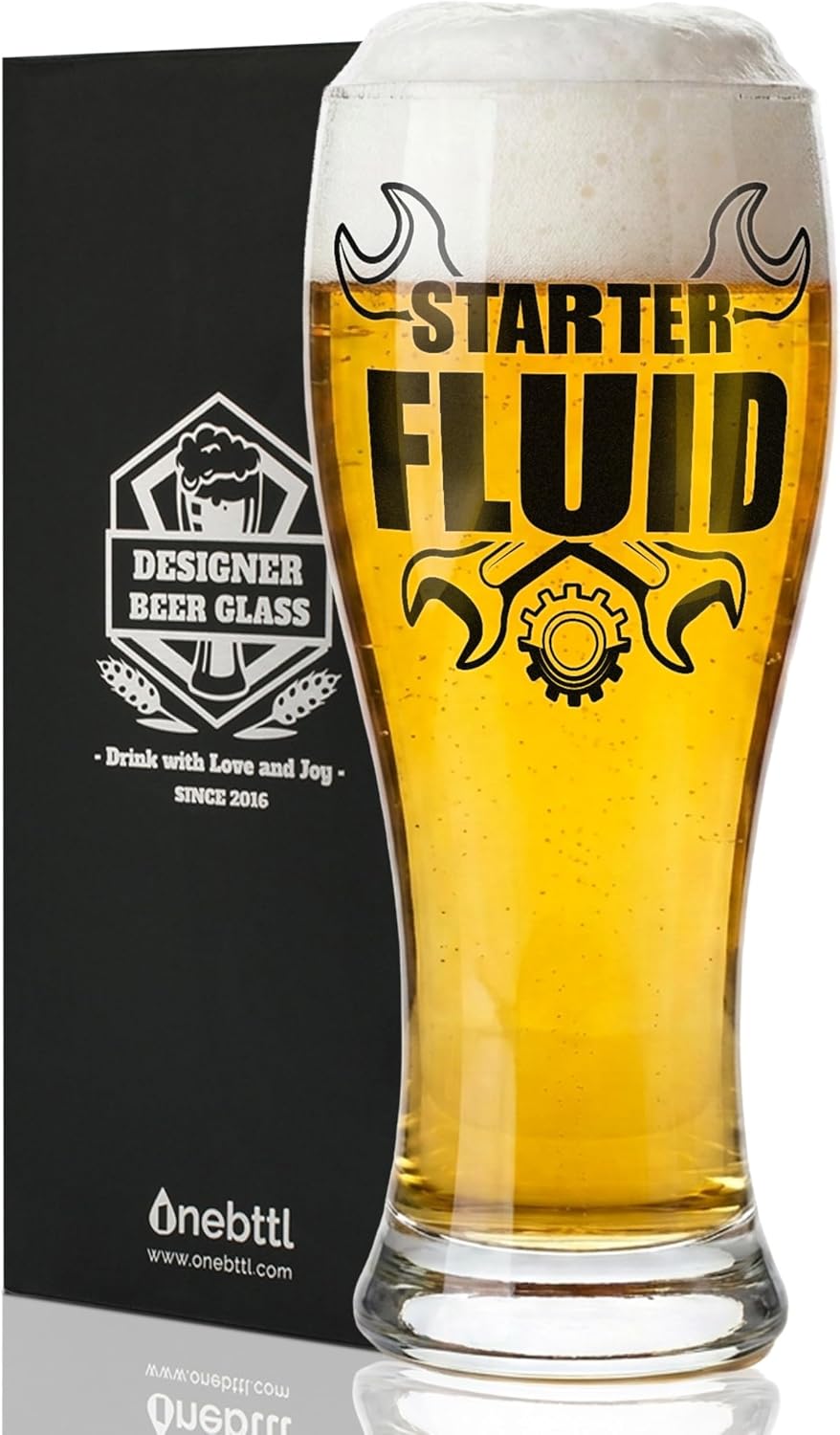 Onebttl Mechanic Gifts for Men, Starter Fluid Beer Glass 15oz, Funny Car Guy Gift Ideas for Dad Husband Brother, Auto Repair Pint Cup with Box