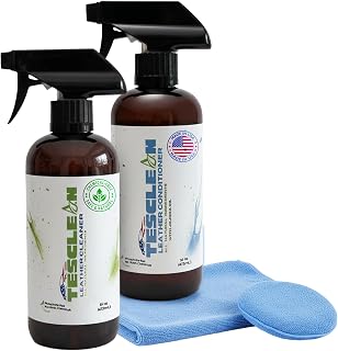 Car Leather Cleaner & Conditioner, Made in the USA, Steering Wheel, Dash & Vinyl,Vegan Conditioner for Electric Vehicle Interiors, With Microfiber Towel & Sponge, Interior Care Kit