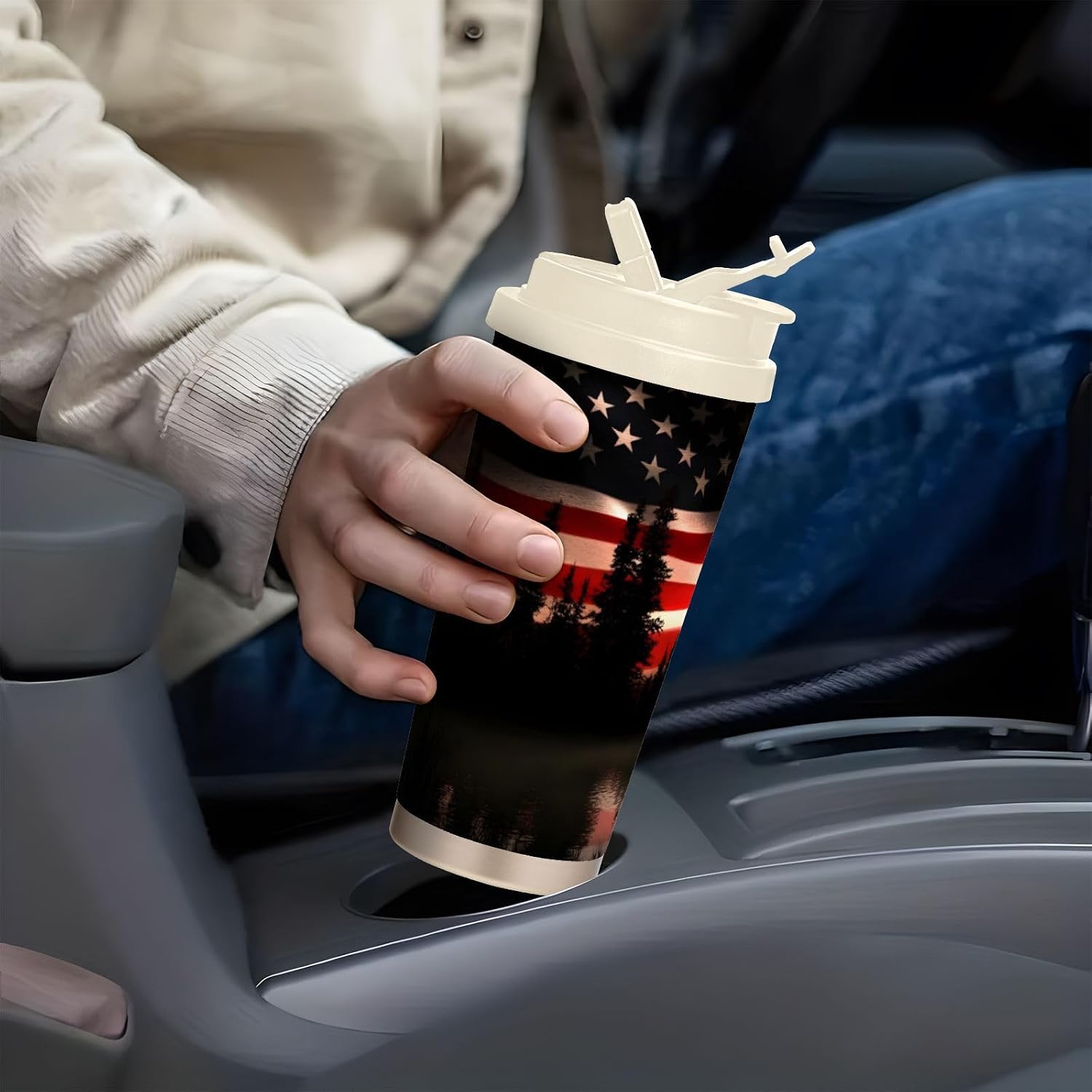 Moose America Flag Silhouette Insulated Coffee Mug with Straw & Flip Lid, 16.9oz Iced Tumbler Cup, Double Wall Vacuum Leak-Proof Mug for Travel Office