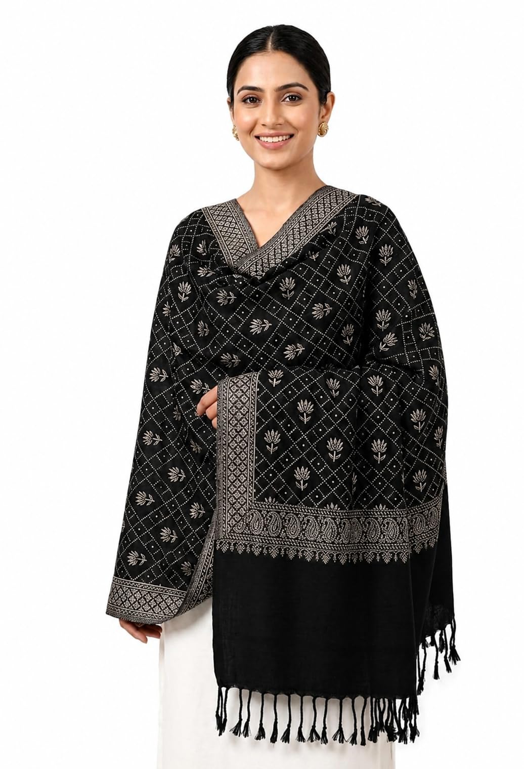 Women's Black Wool Shawl with Floral Booti Woven Pattern-picture-26