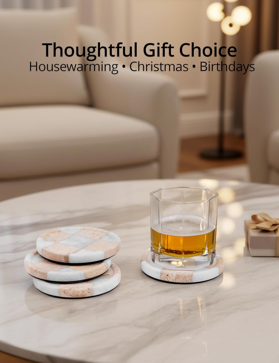 Marble Coasters Set of 4, Travertine & White Handmade 4 inch Round Checkered Stone Coaster, Drink Coaster Plates for Living Room, Trendy Office Desk Accessories & Home Décor