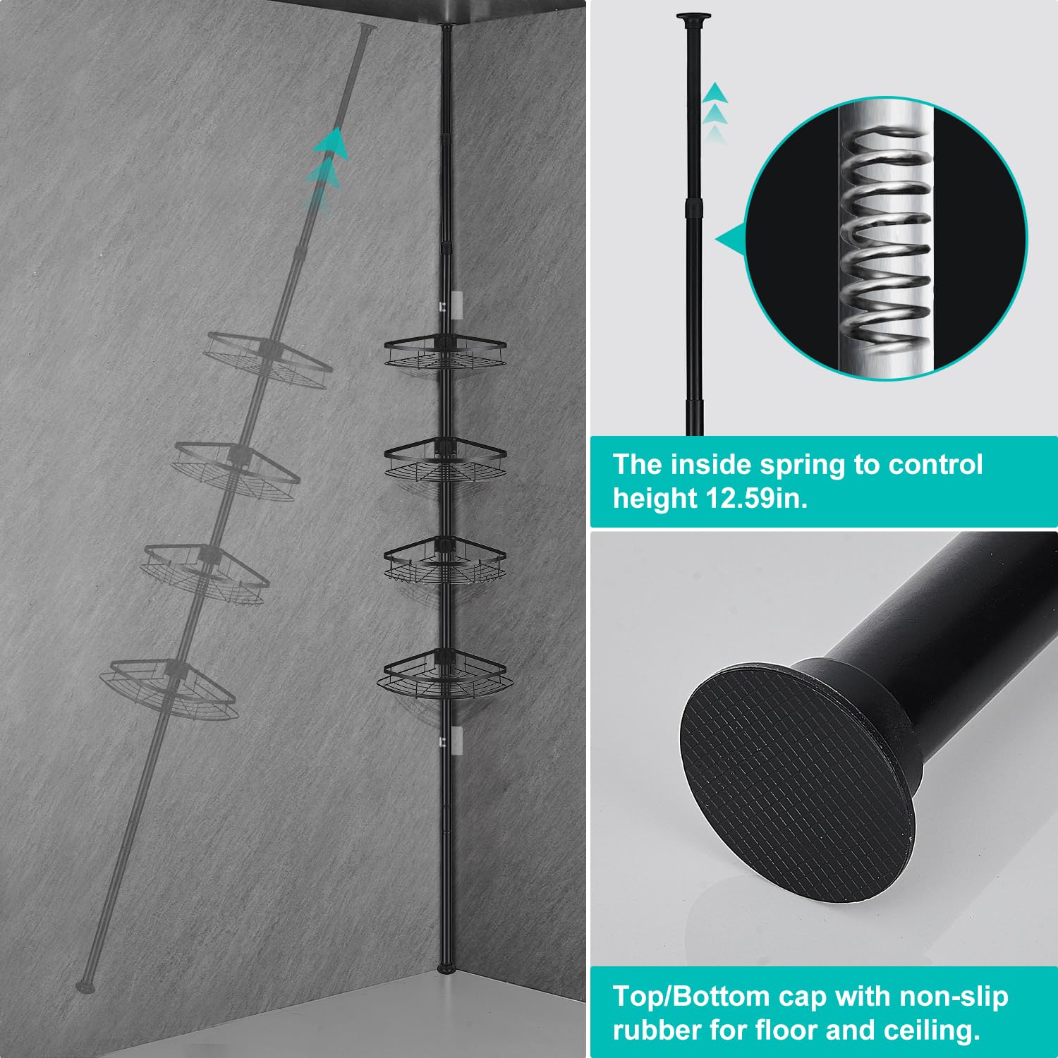 Telescopico Mensola Doccia Angolare, Portaoggetti Doccia Regolabile | Senza Foratura, Mensola per doccia in Acciaio Inox con 4 Ripiani per Vasca da Bagno, 73-265cm, Nero