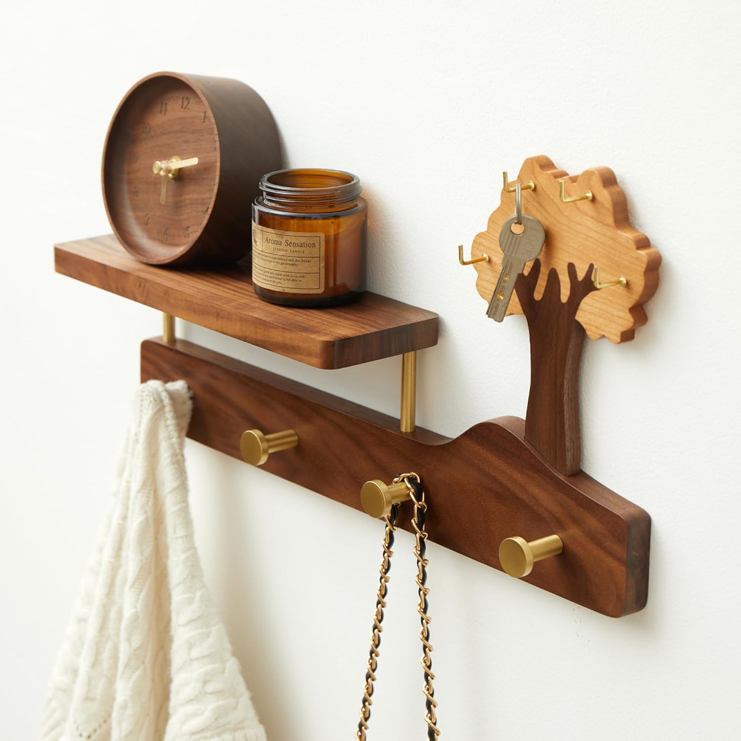 Coat Rack Wall Mount with Shelf - 16Inch Entryway Hanging Shelf with 4 Brass Hooks for Jacket Backpack Hats Key Clothes Towel Purse Robes, Wood Wall-Mounted Hanger Storage for Hallway Bathroom Bedroom
