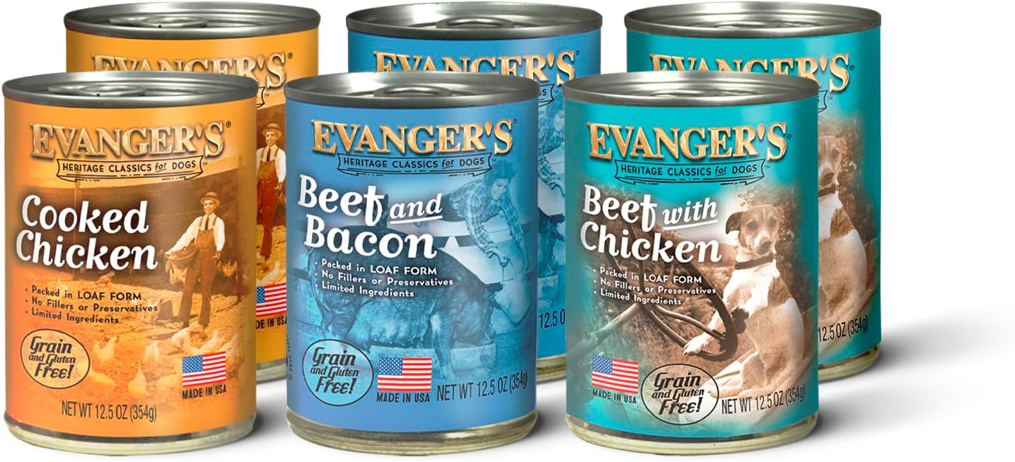 Evanger's Heritage Classics for Dogs Variety Pack – 2 Count Each, 12.5 oz – Beef & Bacon, Beef with Chicken & Cooked Chicken Grain-Free Recipes – Balanced & Nutritious