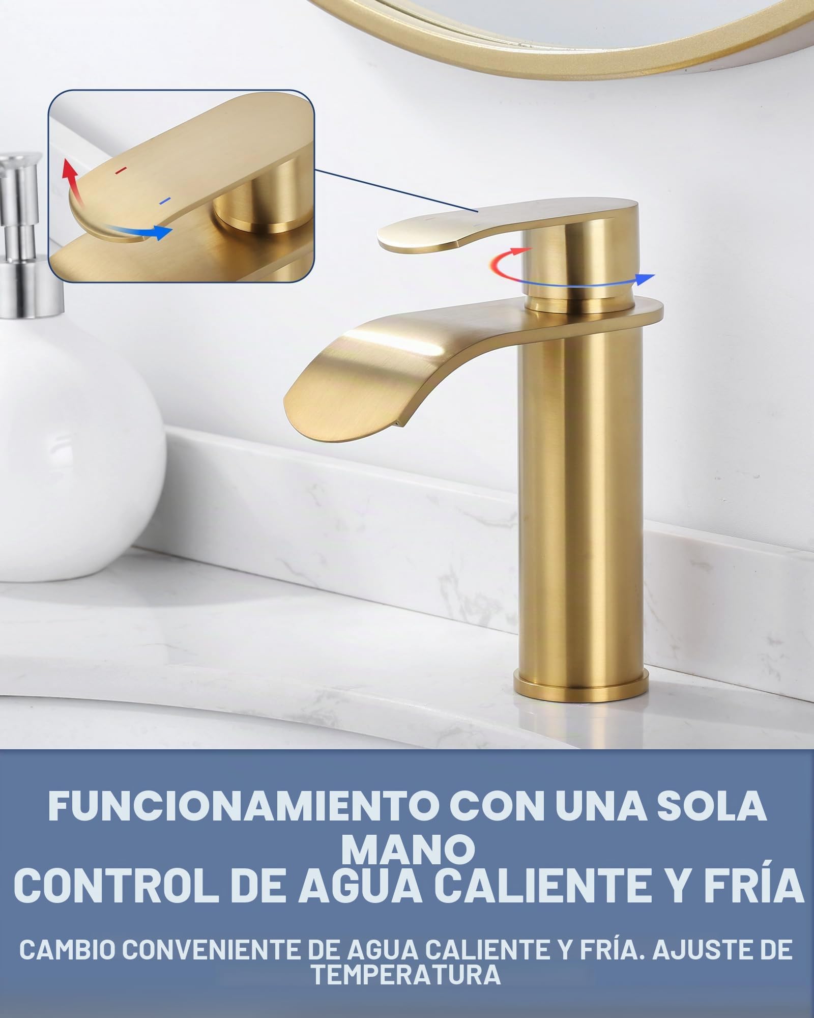 ARCORA Grifo de Lavabo, Grifo de Baño de Acero Inoxidable, con Aireador Extraíble y Cartucho Cerámico, Salida de Agua Fría y Caliente Regulable, para Lavabos de Baño, Dorado