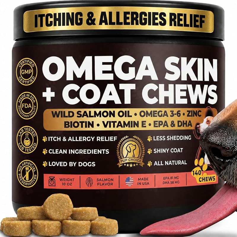 Suplemento para Cães para Pele e Pelagem com Óleo de Salmão, Biotina, Zinco e Vitamina E Pup Choice – 140 Unidades Mastigáveis